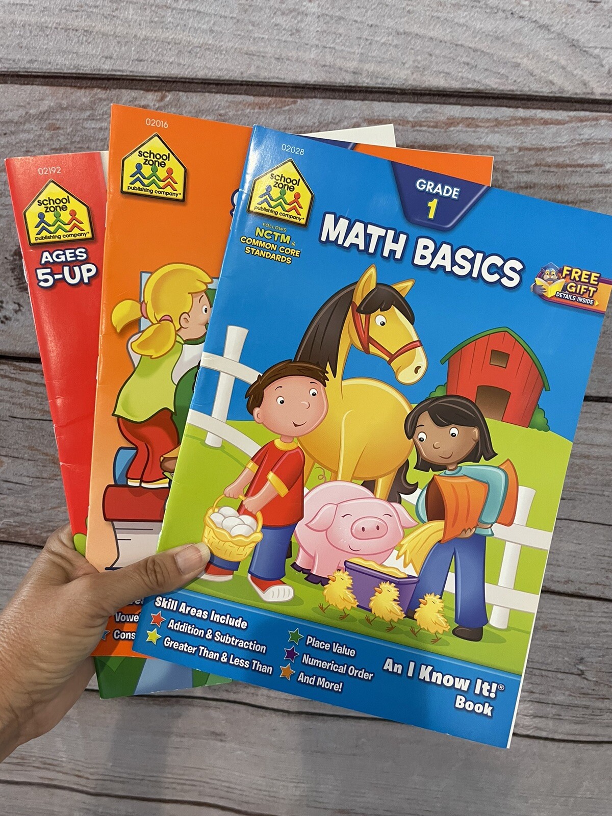 School Zone 3 Activity Books Ages 5+/Grade 1 Hidden Pics, Math Basics, Spelling