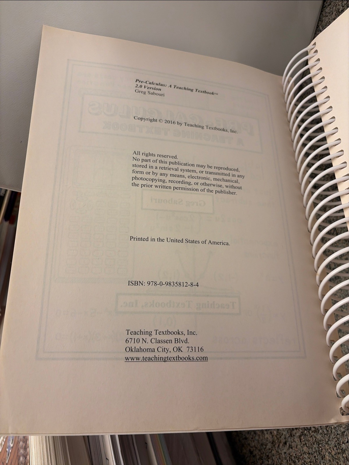 Pre-Calculus: A Teaching Textbook 2.0 by Sabouri & Sabouri (Spiral)