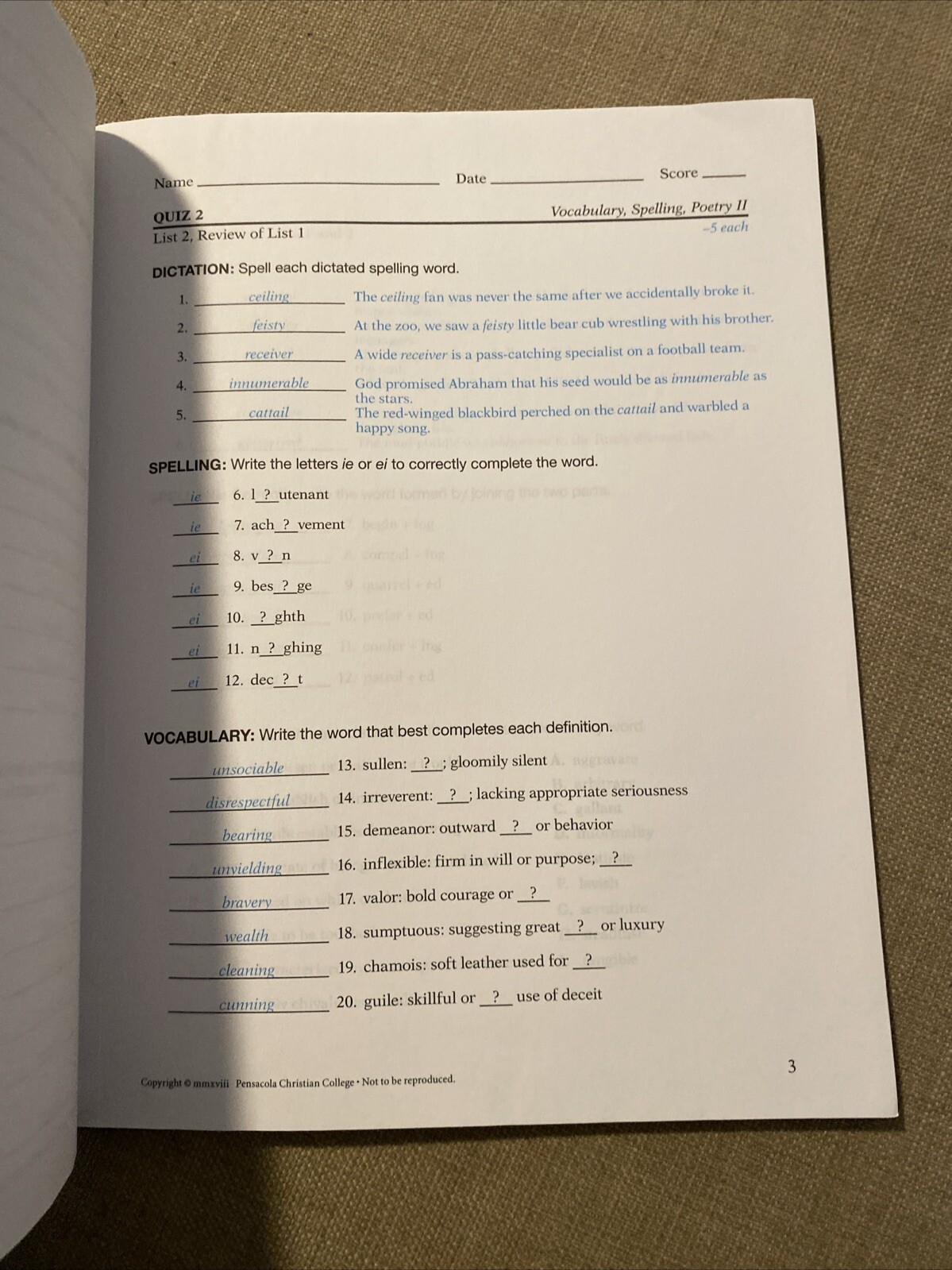 Abeka A Beka Book Spelling Vocabulary II Teacher Key Quiz 30909502 6th Ed.