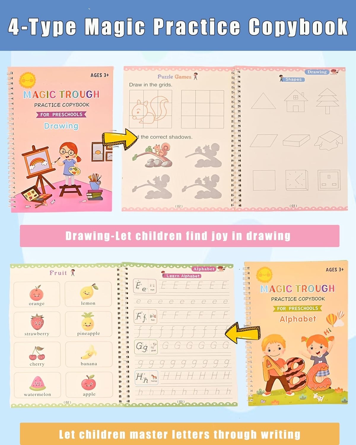 Interactive Magic Ink Copybook Set with 4 Workbooks for Ages 3-7, Gift Ready!
